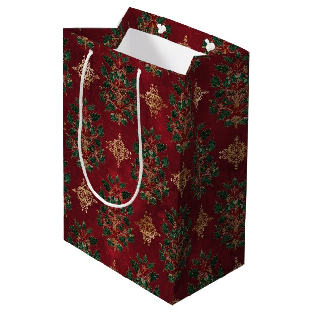 Vintage-Holly-Damask-Muster  Mittlere Geschenktüte (Rückseite Schrägansicht)