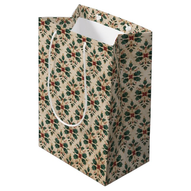 Vintage-Holly-Damask-Muster  Mittlere Geschenktüte (Rückseite Schrägansicht)