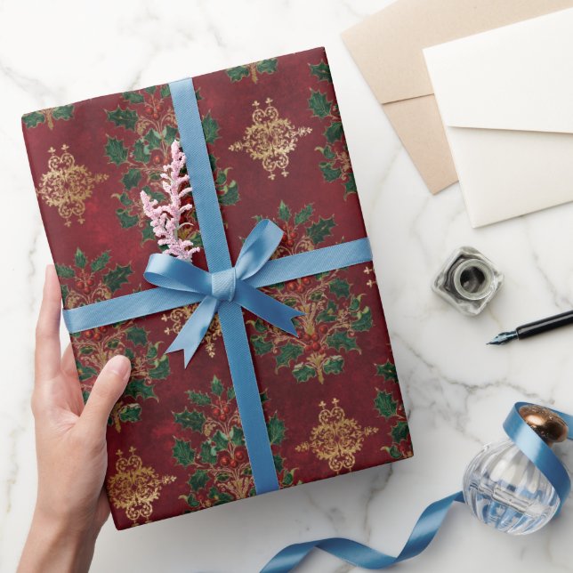 Vintage-Holly-Damaskmuster  Geschenkpapier (Schenken)