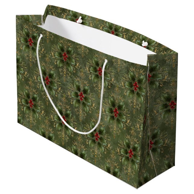 Vintage-Holly-Damaskmuster  Große Geschenktüte (Rückseite Schrägansicht)