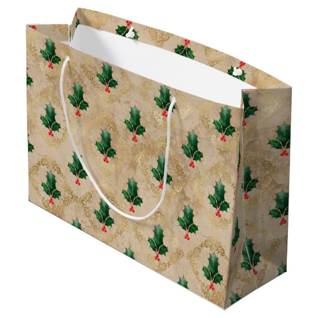 Vintage-Holly-Damaskmuster  Große Geschenktüte (Rückseite Schrägansicht)