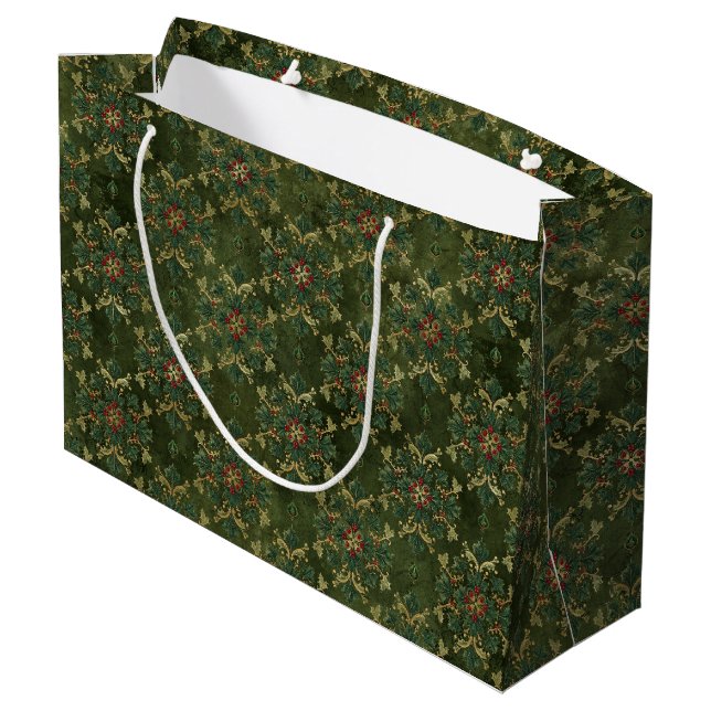 Vintage-Holly-Damaskmuster  Große Geschenktüte (Rückseite Schrägansicht)