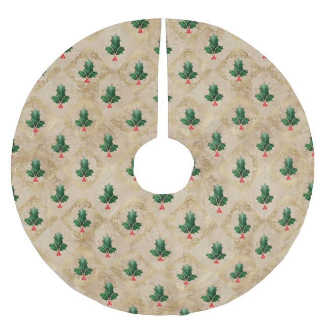Vintage-Holly-Damaskmuster  Polyester Weihnachtsbaumdecke (Vorderseite)