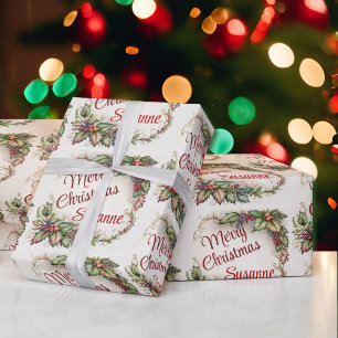 Vintage Holly Namen des Empfängers hinzufügen Weih Geschenkpapier