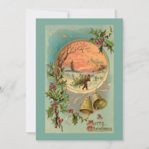 Vintage Holly, Weihnachtsglocken und Schneeszene Feiertagskarte