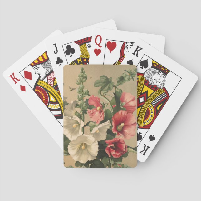 Vintage Hollyhocks-Blumen-hübscher Garten mit Spielkarten (Rückseite)