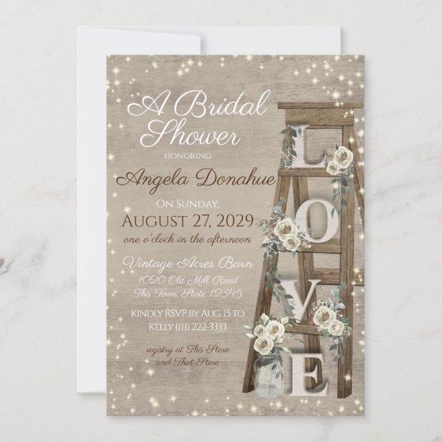 Vintage Holzleiter und Rose Sparkle Bridal Einladung (Vorderseite)