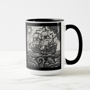 Vintage-Holzschnitt-Hohes Schiff & Meeresschrecken Tasse