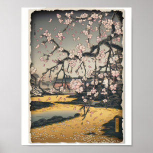 Vintage-Holzschnitt-Sakura-Szene Poster