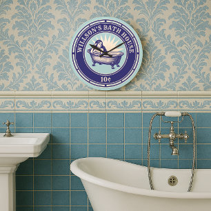 Vintage-Holzschnitt-Stil-Badehaus-Schild Große Wanduhr