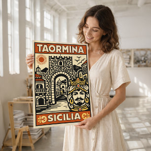 Vintage-Holzschnitt Taormina Sizilien Poster