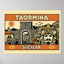 Vintage-Holzschnitt Taormina Sizilien Poster