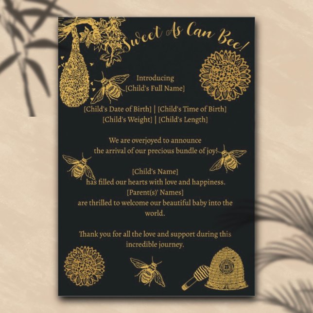 Vintage Honey Bumblebee Black Birth Ankündigung (Von Creator hochgeladen)