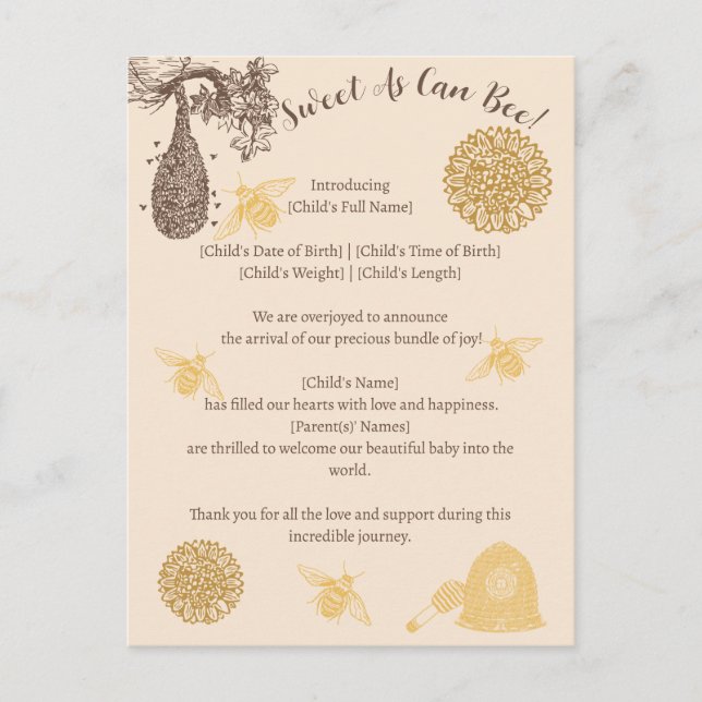 Vintage Honey Bumblebee Geburtsankündigung Postkarte (Vorderseite)