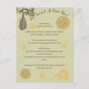 Vintage Honey Bumblebee Geburtsankündigung Postkarte