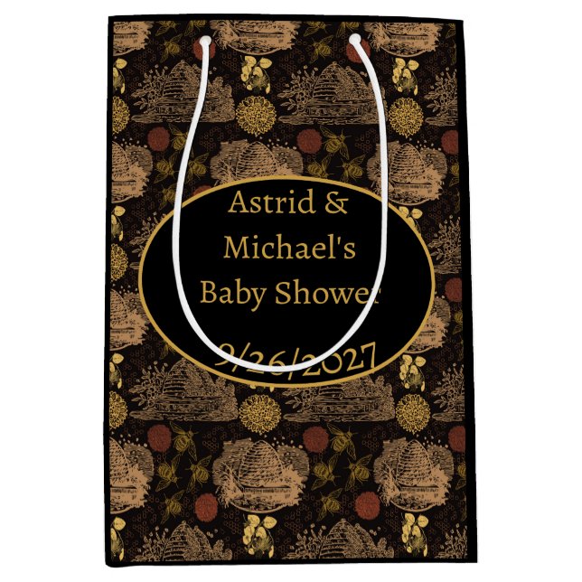 Vintage Honeycomb Bee Black Baby Dusche Mittlere Geschenktüte (Vorderseite)