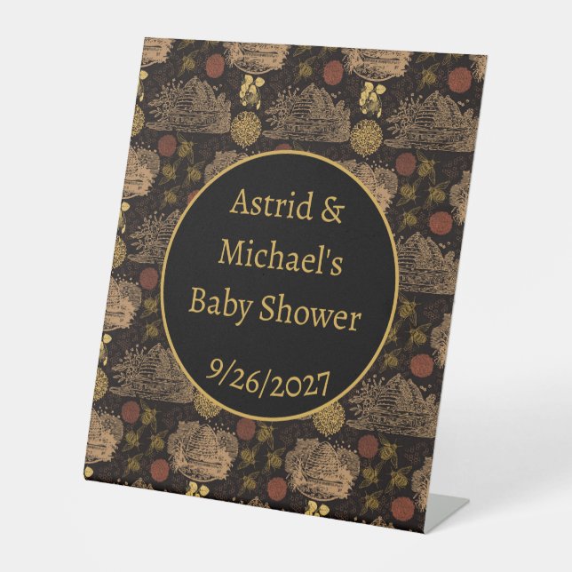 Vintage Honeycomb Bee Black Baby Dusche Sockelschild (Vorderseite)