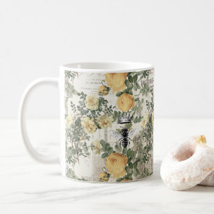 Vintage-Honigbiene-Ephemera-gelbes Blumenmuster Kaffeetasse