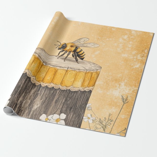Vintage Honigbiene Wildblumengarten (1) Geschenkpapier (Ungerollt)