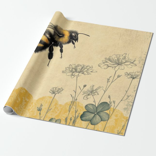 Vintage Honigbiene Wildblumengarten (8) Geschenkpapier (Ungerollt)