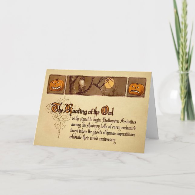 Vintage Hooting Owl Halloween-Karte Feiertagskarte (Vorderseite)