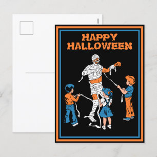 Vintage-Horror-Mumie mit Kindern Halloween Feiertagspostkarte