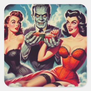 Vintage-Horror-Pin-ups Quadratischer Aufkleber