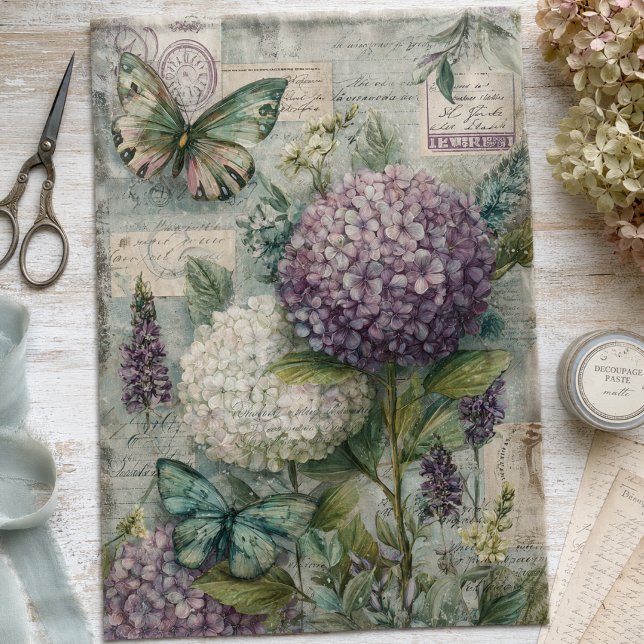 Vintage-Hortensien-Schmetterlingsgarten-Decoupage Seidenpapier (Von Creator hochgeladen)