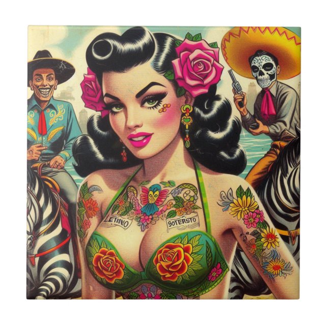 Vintage Hot Tattoo Girl Fliese (Vorderseite)