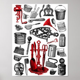Vintage Household Items in Black White and Red Poster