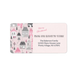 Vintage Houses on Pink Christmas Label Adressaufkleber
