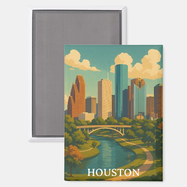 Vintage Houston Texas Skyline Magnet (Vorderseite/Rückseite)