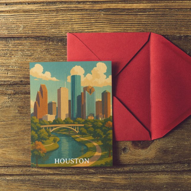 Vintage Houston Texas Skyline Postkarte (Colorful Vintage Houston Texas Skyline Postcard)
