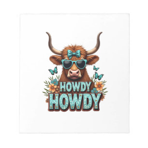 Vintage Howdy Highland-Kuh mit Herz-Sonnenbrille W Notizblock