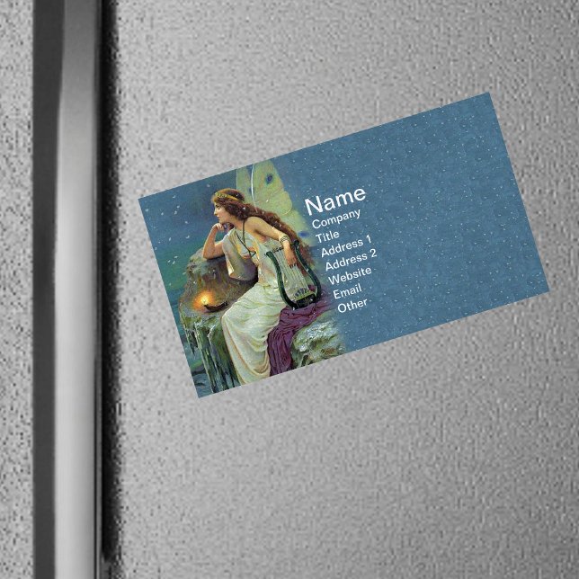 Vintage Hübsche Fee Harp Candle Ocean Magnetische Visitenkarte (Pretty fairy on cliff with harp and lit candle under stars on blue magnetic business card.)