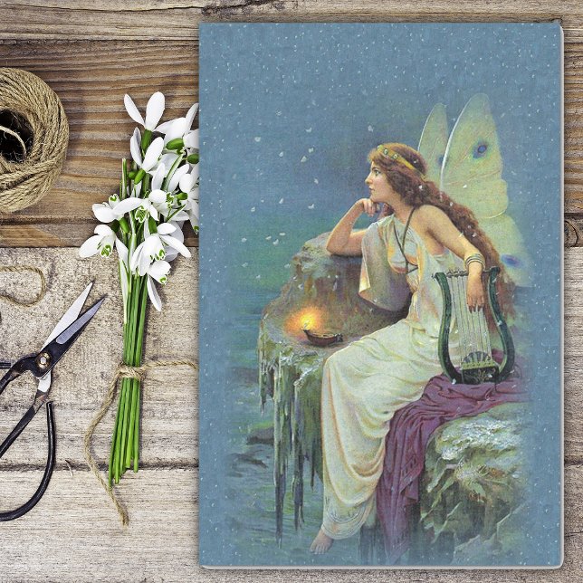 Vintage Hübsche Fee Harp Candle Ocean Seidenpapier (Vintage Fairy white dress on cliff with harp stars in sky on tissue paper.)