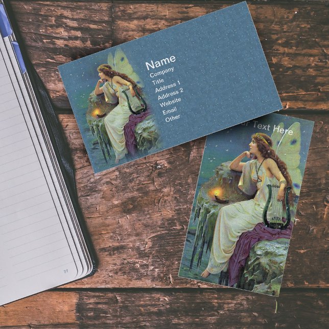 Vintage Hübsche Fee Harp Candle Ocean Visitenkarte (Pretty fairy white dress on cliff with lantern and harp  under stars on blue business cards.)
