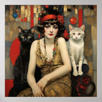 Vintage Hübsche Frau mit schwarzen und weißen Katz