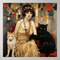 Vintage Hübsche Frau mit schwarzen und weißen Katz