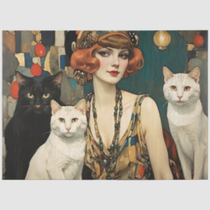 Vintage Hübsche Frau mit schwarzen und weißen Katz Seidenpapier