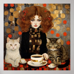 Vintage hübsche Frau mit süßen Katzen Coffee Art Poster
