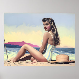 Vintage hübsche Frau sitzt auf dem Sandstrand Poster