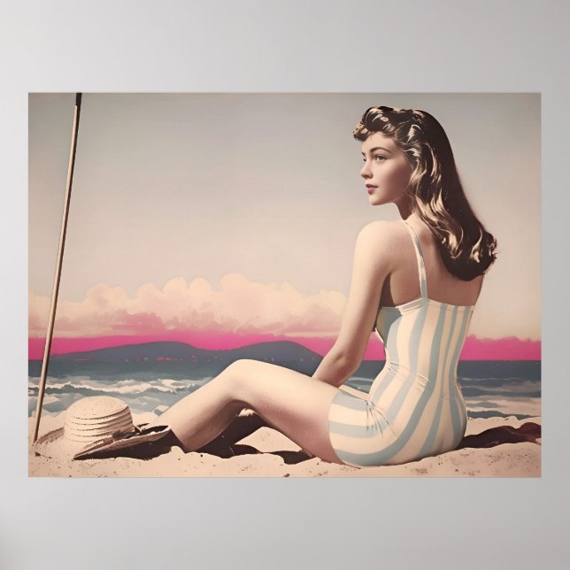 Vintage Hübsche Frauen sitzen am Strand Poster (Vorne)