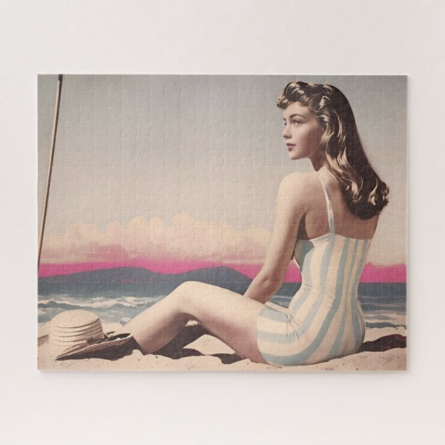 Vintage Hübsche Frauen sitzen am Strand Puzzle (Horizontal)
