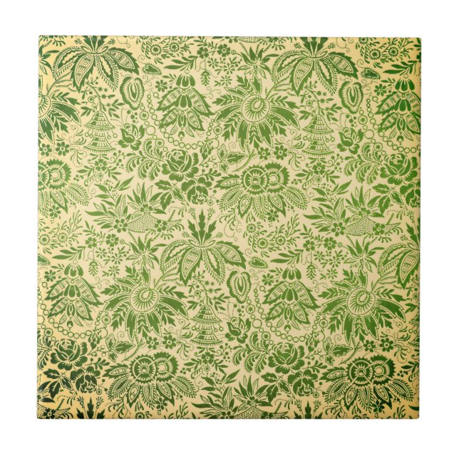 Vintage hübsche grüne Blumen floral  Fliese (Vorderseite)