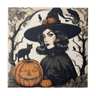 Vintage Hübsche Halloween-Hexe mit Schwarzen Katze Fliese
