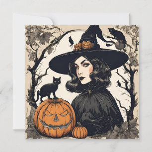Vintage Hübsche Halloween-Hexe mit Schwarzen Katze Karte