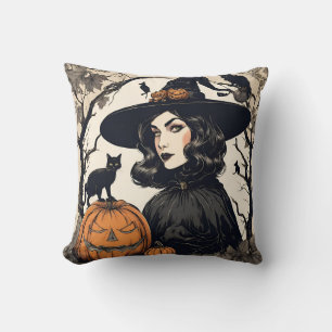Vintage Hübsche Halloween-Hexe mit Schwarzen Katze Kissen