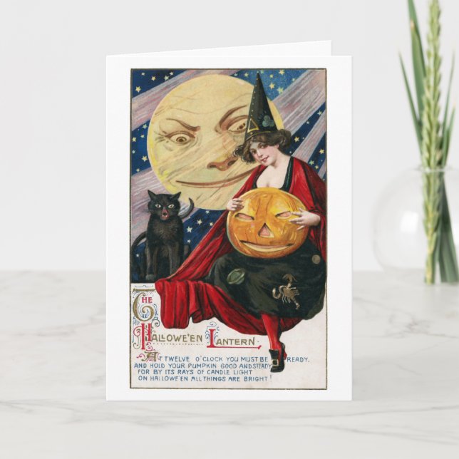 Vintage hübsche Hexe Halloweens, Mond und schwarze Karte (Vorderseite)
