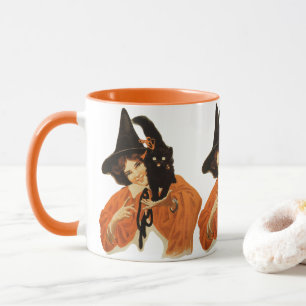 Vintage Hübsche Hexe mit schwarzer Katze auf der S Tasse